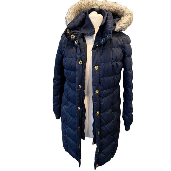 Esprit Quilted Down Puffer Jacket Parka Long Navy Gold Fur Detachable Hood Sz L - Picture 2 of 16